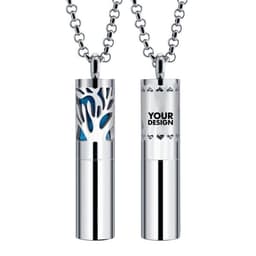 A silver cylinder essential oil diffuser necklace featuring intricate cut-out designs and a sleek, polished finish.