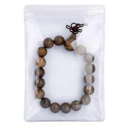 A clear plastic bag containing a beaded bracelet made of brown wooden beads, secured with a string closure.