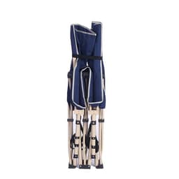 A navy Oxford cloth folding bed with a wooden frame, featuring a secure strap for easy transport.
