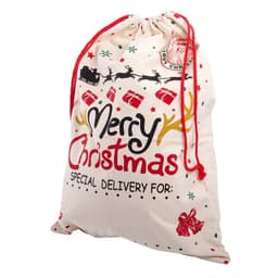A cream canvas drawstring gift bag featuring a festive Christmas design with red and green accents.