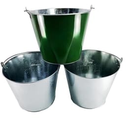 Three ice buckets stacked together: one green and two silver, with a metallic finish and handles.