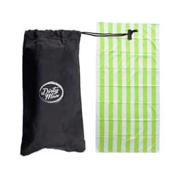 A striped microfiber beach towel in green and white, accompanied by a black drawstring storage bag featuring a logo.