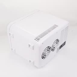 A white portable mini car fridge featuring dual fans and a compact design, ideal for transporting beverages.