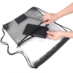 A clear drawstring bag with a black mesh pocket, being opened to reveal a black wallet inside.