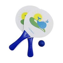 A set of two white beach rackets with blue handles, featuring a whale design, and a blue ball.