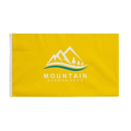 A yellow custom flag featuring a mountain design and logo, suitable for events and exhibitions.