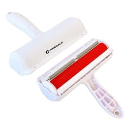 A plastic pet hair remover featuring a white handle and a red removal surface, with a logo on the body.