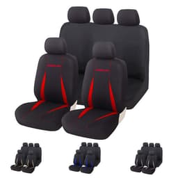 A full set of black car seat covers with red detailing, featuring covers for front and rear seats. Includes a logo.