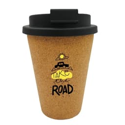 A reusable cork coffee cup in tan with a black lid, featuring a design and logo.