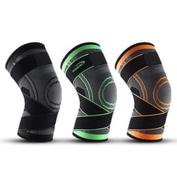 Three knitted strap sports knee pads in black, green, and orange, featuring logos and a textured design.
