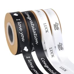 A set of custom packaging tape in black and white, featuring various messages and a logo on a roll format.