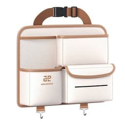 A white and brown car back seat storage bag featuring multiple pockets and a branding logo.