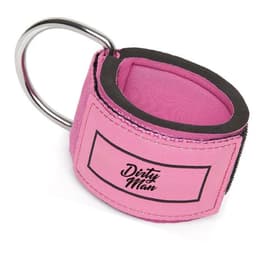 A pink weight training ankle strap with a metal ring, featuring a black inner lining and a logo.