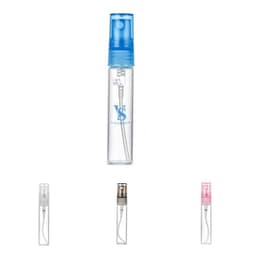 A 3ml perfume spray bottle in clear plastic with a blue cap and a logo, alongside options in silver and pink.