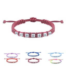 A braided bracelet in various colours, featuring letter beads with a central silver design and adjustable fastening.
