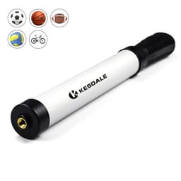 A portable mini bicycle pump in black and white, featuring a textured grip and a logo.