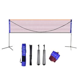 An adjustable portable badminton net in blue and orange, complete with poles, netting, and carry bag.