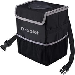 A waterproof, leakproof black trash can with a grey trim and adjustable strap, featuring a logo on the front.