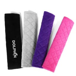 Car seat belt cover pads in black, grey, purple, and pink, featuring a logo on one pad.
