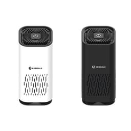 A mini portable air purifier in white and black, featuring a compact design and a power button on top.