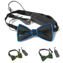 A black bow tie with blue, yellow, and green accents, featuring a battery pack and adjustable strap.