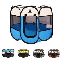 A foldable pet playpen in blue with mesh panels and a black trim, featuring four colour options below.