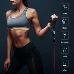 A set of training resistance bands with various colour options, featuring a woman holding one in athletic attire.