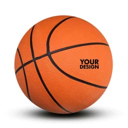 An orange children's rubber basketball with textured surface and black seams, featuring a logo.