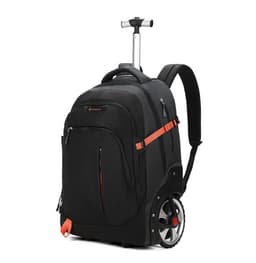 A black trolley backpack with wheels features orange accents and adjustable straps. It has a sturdy handle and multiple pockets.