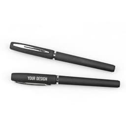 A black custom rollerball pen with a smooth matte finish and a branding option on the barrel.