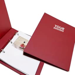 A red custom cardboard 3-ring binder with a blank interior and a logo on the cover.