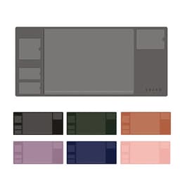 A multifunctional desk pad in various colours, featuring multiple pockets and a logo. Available in grey, black, green, copper, purple, and navy.