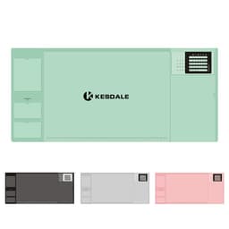 A multifunctional office desk pad in mint green with compartments, featuring a logo and available in black, grey, and pink.