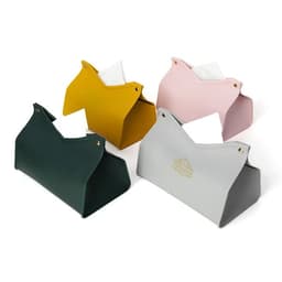 A set of four PVC leather tissue boxes in green, yellow, pink, and grey, featuring decorative logos.