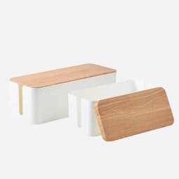 A cable storage box with a white body and a wooden lid, featuring two sizes. One box is open and the other is closed.