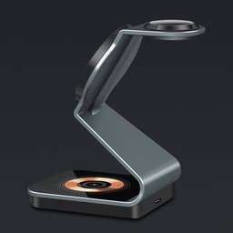 A sleek silver 3 in 1 magnetic wireless charging stand with a modern design and a black charging surface.