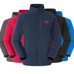 Four waterproof winter outdoor jackets in red, navy, black, and blue. Each jacket features a zip front and logos.