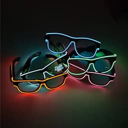 A set of LED glowing glasses in various colours, featuring a mix of neon blue, pink, green, and orange trims.