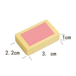 A rectangular pencil eraser in yellow with a pink top, measuring 3 cm by 2.2 cm by 1 cm, featuring a logo.