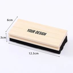 A wooden chalkboard eraser with a light wood finish and a black felt bottom, measuring 12.5 cm by 6 cm by 3 cm.