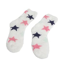 Warm fuzzy socks in white with pink and navy star patterns. Soft texture and a snug fit. Features branding.