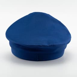 A blue airline pilot hat with a round top, featuring a simple design and a band around the base.