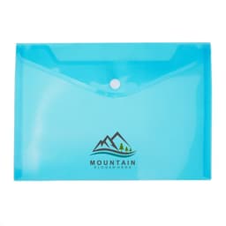 A blue clear button file bag with a snap closure and a logo featuring mountains and trees.