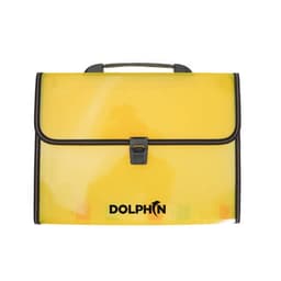 A portable file bag in bright yellow with a black handle and clasp, featuring a logo on the front.