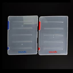 A plastic document paper filling case in clear with blue and red accents, featuring multiple compartments.