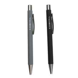 Two retractable ballpoint pens in grey and black, featuring a silver clip and a logo on the barrel.