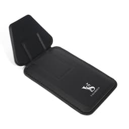 A black adhesive phone credit card holder with a triangular flap and a logo.