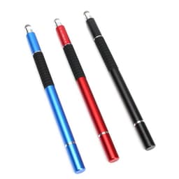 Three stylus pens in blue, red, and black, each with a rubber grip and a branding logo near the top.