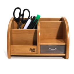 A bamboo desk organiser with a drawer, featuring compartments for scissors, pens, and markers.