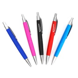 A group of five rollerball pens in blue, pink, black, red, and light blue, each featuring a silver clip and barrel.